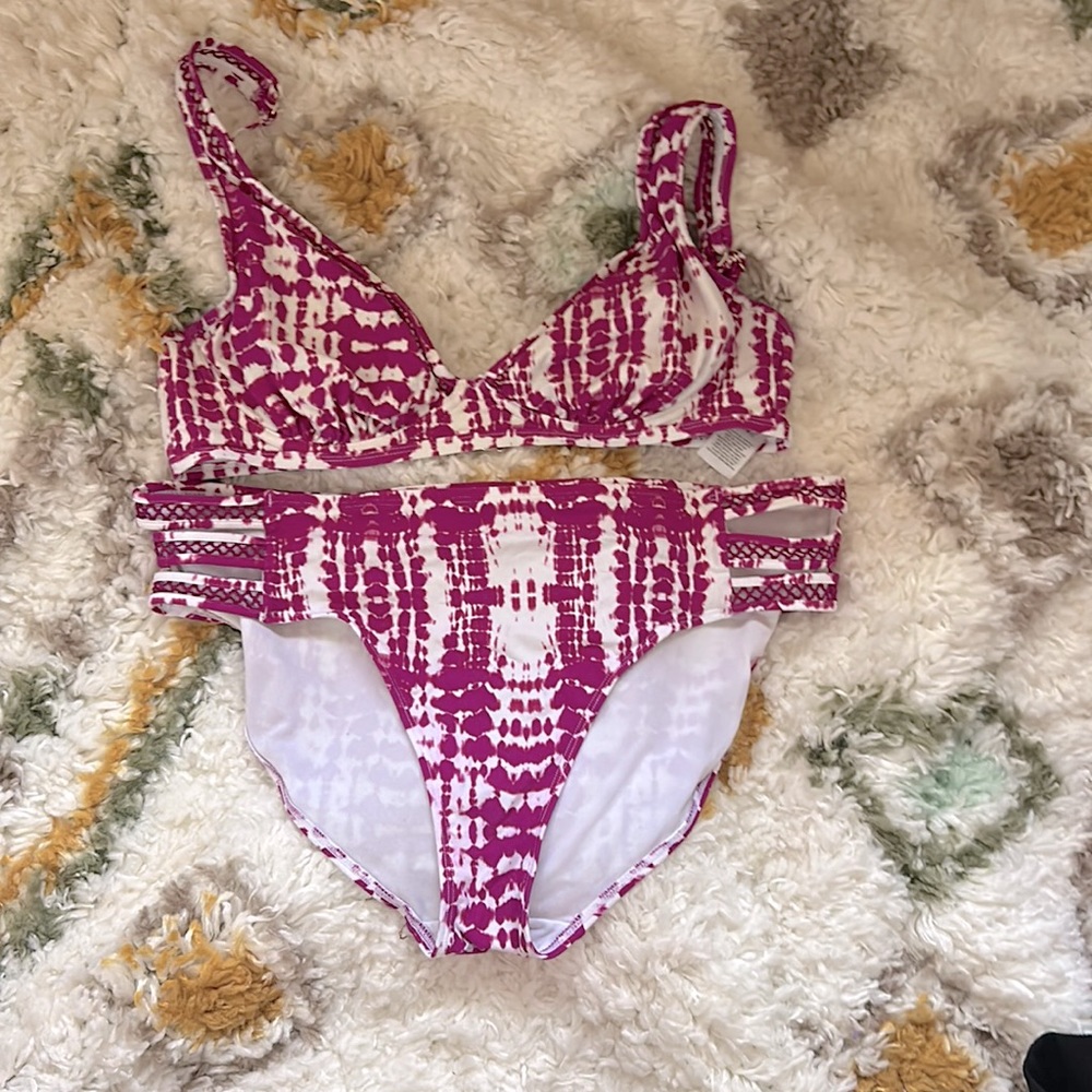 purple and white bikini set
